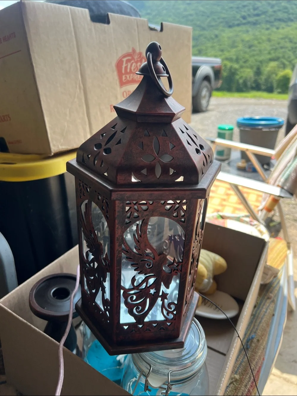 Decorative Brown Metal Filigree Lantern - Home Accents